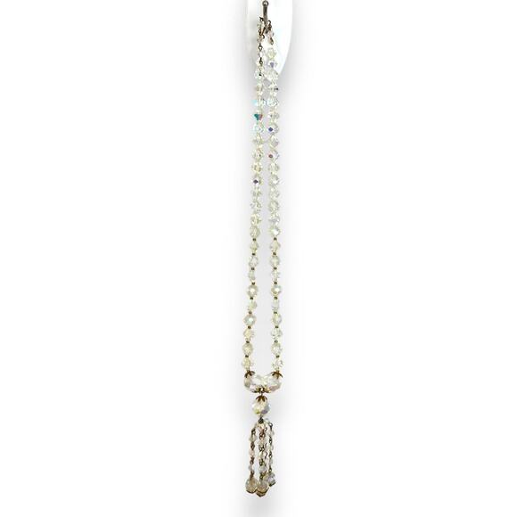 Aurora Borealis Glass Crystal Bead Necklace Long Necklace Tassel Gold Tone 50s - Picture 7 of 16